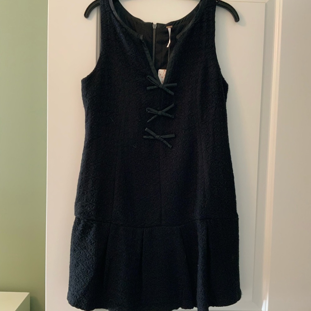 NWT Free People Black Faux Leather Bow Front Textured Sleeveless Mini Dress